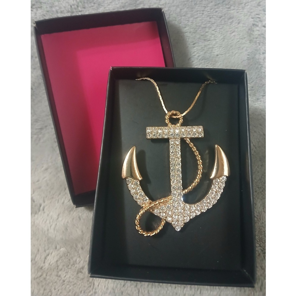 Gold Tone Rhinestone Anchor Pendant Necklace Nautical Maritime‎ Sailor Jewelry